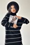 Turtleneck Long Sleeve Oversize Midi Length Striped Black Knitwear Dress Without Belt 183 - 5