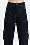 Girl's Black Reverse Stitch Detailed Denim Cargo Pants Denim Jean - 2