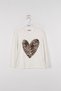 Girl's Ecru Black Heart Printed Leopard Detailed Long Sleeve Combed Cotton