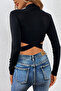Kadın Siyah Çapraz Bel Detaylı Dik Yaka Uzun Kol Crop Top Bluz - 2