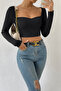 Kadın Siyah Uzun Kol Göğüs Dekolteli Şık Crop Top Bluz - 5