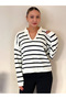 WOMEN'S POLO COLLAR STRIPED KNITWEAR SWEATER - 2