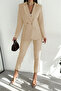 Beige Double Breasted Blazer Jacket Carrot Pants Suit - 4