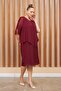 Stone Detailed Pleated Plus Size Burgundy Evening Dress - 2