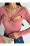 Women's Cherry Color Cut Out Detailed Crop Blouse with Front Hoop - 4
