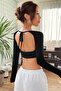 Kadın Siyah Uzun Kol Göğüs ve Sırt Dekolteli Crop Top Bluz - 3