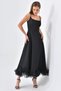 Thin Strap Flared Cut Cotton Atlas Fabric Skirt with Tulle Detail Midi Length Black Evening Dress 9326 - 5