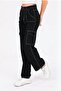 Girl's Black Reverse Stitch Detailed Denim Cargo Pants Denim Jean