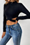 Kadın Siyah Çapraz Bel Detaylı Dik Yaka Uzun Kol Crop Top Bluz - 4