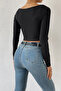 Kadın Siyah Uzun Kol Göğüs Dekolteli Şık Crop Top Bluz - 2