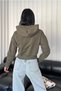 Women's Khaki Hooded Zipper Crop Cardigan - 4