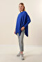 Knitwear Fabric Side Slits Wide Bat Sleeve Round Collar Oversize Fit Cobalt Blue Sweater 15783 - 3