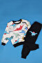 Dinosaur patterned 2 thread high quality fabric and pocket boy top and bottom tracksuit set