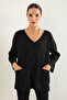 Women's Black V-Neck Pocket Knitwear Sweater - 3