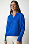 Women's Cobalt Blue Polo Neck Basic Knitwear Sweater - 3