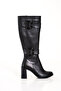 WOMEN'S BLACK BUCKLE DETAILED ROUND TOE HEEL BOOTS - 6