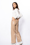 Beige Wide Leg Leather Trousers with Pocket Detail - 3