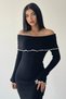 Knitwear Fabric Long Sleeve Carmen Collar Midi Length Black Dress 175 - 6
