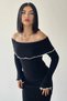 Knitwear Fabric Long Sleeve Carmen Collar Midi Length Black Dress 175 - 3