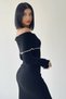 Knitwear Fabric Long Sleeve Carmen Collar Midi Length Black Dress 175 - 4