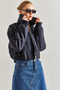 Women's Navy Blue Zippered Bomber Coat 50011051 - 6