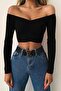 Black Open Shoulder Ribbed Knitted Blouse