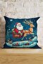 Christmas Themed Deer and Santa Claus Patterned Blue Digital Printed Decorative Pillow and Cushion Cover - 2