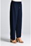 Women's Navy Blue Wide Leg Loose Summer Trousers with Elastic Waist - 3