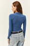 Women's Indigo High Collar Lycra Blouse with Gather Detail BLZ-19002426 - 6