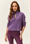 Women's Purple Zippered Stand Collar Hooded Sweater KZK-19000640 - 2