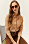 Women's Beige Stitching Detailed Flared Linen Shirt GML-19001144 - 5