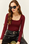 Women's Claret Red Square Collar Thick Ribbed Knitwear Blouse BLZ-19002040 - 3