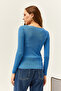 Women's Indigo Square Collar Thick Ribbed Knitwear Blouse BLZ-19002040 - 5