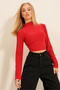 Women's Red High Collar Basic Crop Blouse ALC-X11276