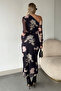 Women's Anthracite Asymmetrical Collar Batik Patterned Shoulder Low-cut Woven Dress ALC-X11264 - 5
