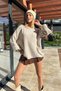 Women's Beige Crew Neck Double Sleeve Thessaloniki Knit Oversize Winter Sweater ALC-X7346