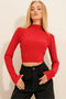 Women's Red High Collar Basic Crop Blouse ALC-X11276 - 3