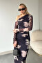 Women's Anthracite Asymmetrical Collar Batik Patterned Shoulder Low-cut Woven Dress ALC-X11264 - 2