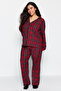 Kırmızı Ekoseli Gömlek Yaka Yumuşak Tuşe Örme Pijama Takımı TBBAW24AI00033 - 3
