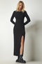 Women's Black Slit Stitched Long Viscose Dress - 2