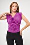 Women's Sandy Fabric Shoulder Padded Degaje Collar Purple Blouse 1009 - 4
