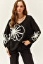 Women's Black Patterned V-Neck Soft Textured Knitwear Sweater KZK-19000695