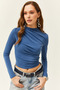 Women's Indigo High Collar Lycra Blouse with Gather Detail BLZ-19002426 - 4