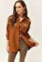 Women's Tan Embroidered Pearl Wool Effect Oversize Winter Shirt GML-19001159 - 3