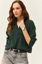 Women's Emerald Green Zippered Stand Collar Hooded Sweater KZK-19000640 - 5