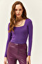 Women's Purple Square Collar Thick Ribbed Knitwear Blouse BLZ-19002040 - 4