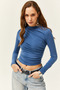 Women's Indigo High Collar Lycra Blouse with Gather Detail BLZ-19002426 - 3