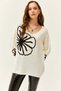 Women's Ecru Patterned V-Neck Soft Textured Knitwear Sweater KZK-19000695 - 3