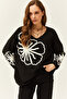 Women's Black Patterned V-Neck Soft Textured Knitwear Sweater KZK-19000695 - 3