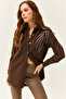 Women's Leaf Bitter Brown Sequin Sequin Detailed Oversize Stamp Shirt GML-19001145